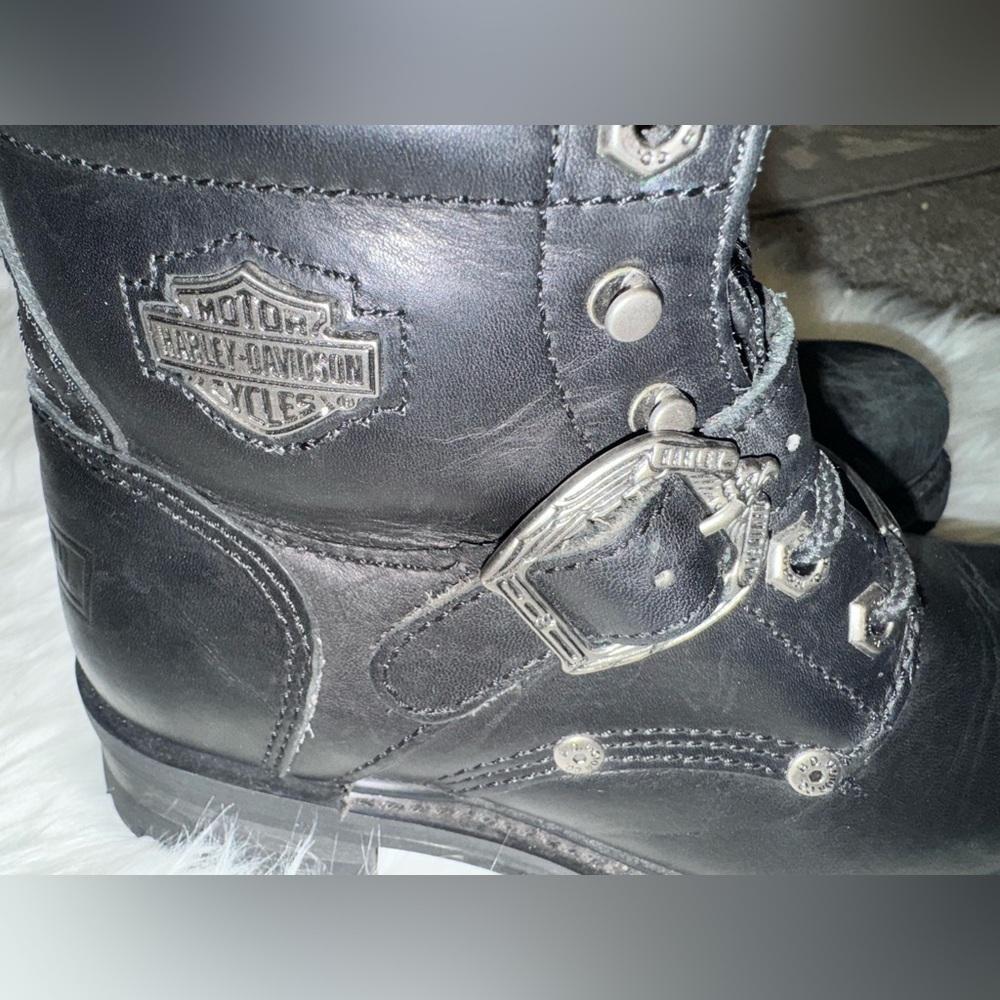 Harley Davidson 7 Black Hi Top Boots Leather Buckle Lace Up 81024 FADED GLORY 6” - Picture 5 of 6